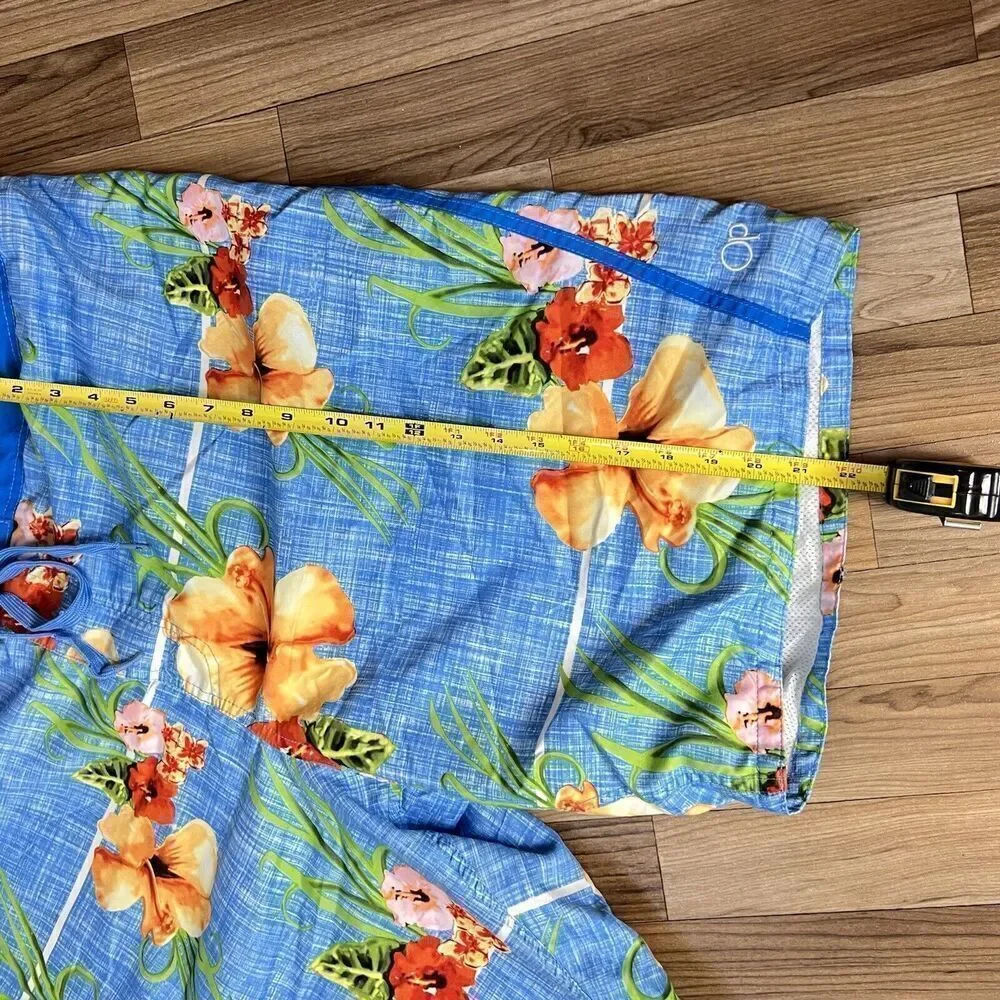 OP Sz 2XL Swim Trunks Board Shorts Mens Drawstring Blue Hawaiian Floral 0841